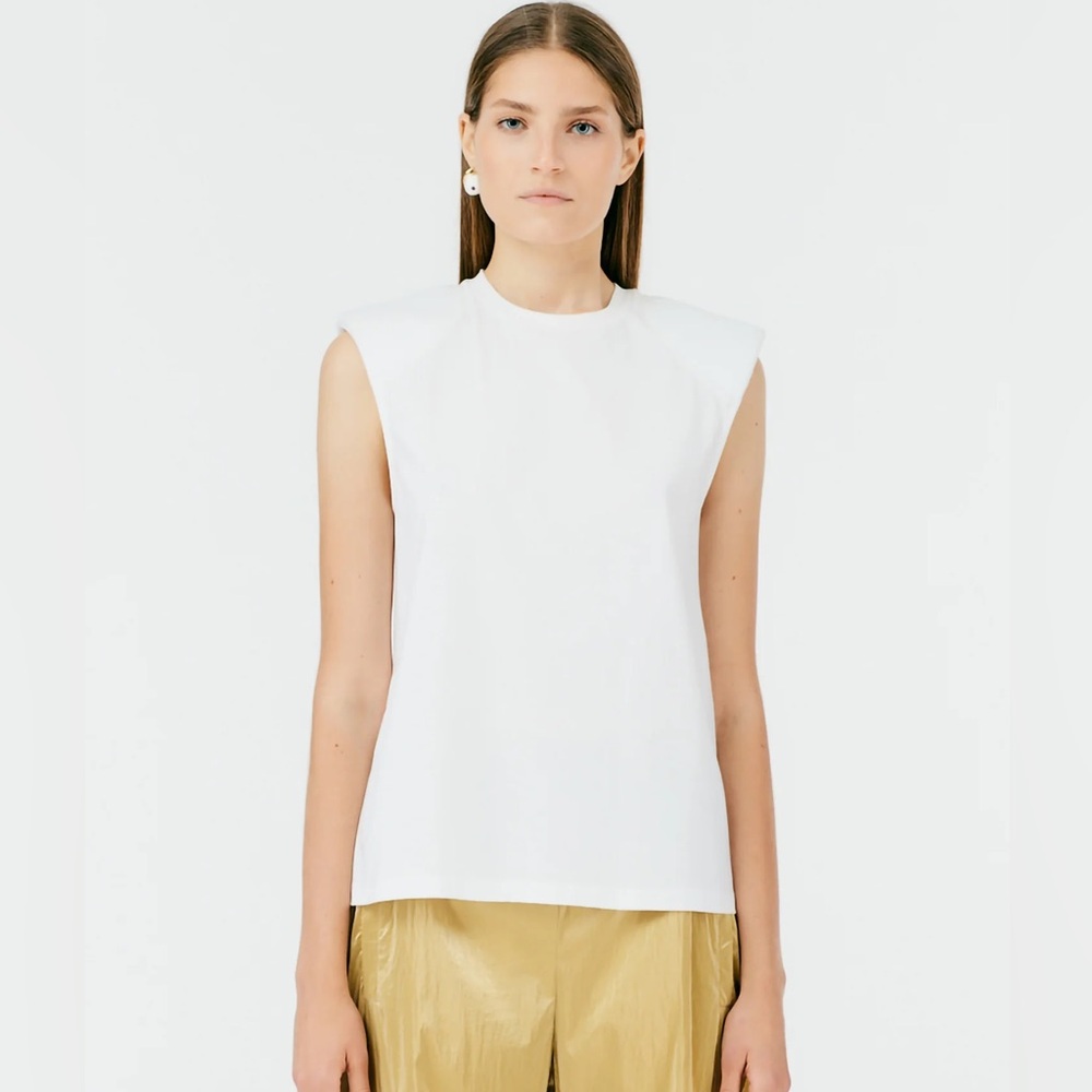 Tibi Padded Shoulder Sleeveless Cut Off Tank in white size xxs